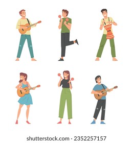 People Character Musician Conducting and Performing Music Playing Musical Instrument and Singing Vector Set