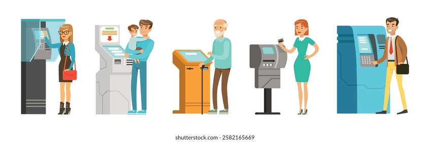 People Character Near ATM Machine Perform Operation Vector Set