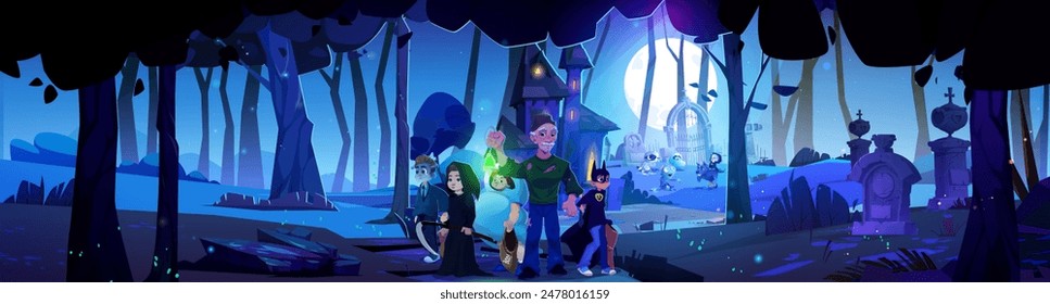 People character on Halloween at graveyard cartoon background. Night spooky cemetery with kids in costume and man horror illustration. Scary tombstone landscape and wizard house on hill at nighttime