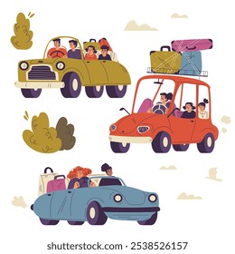 People Character on Road Trip Travel by Car with Suitcase Vector Set