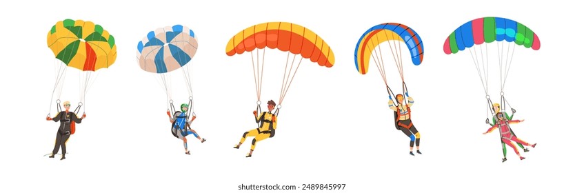 People Character with Parachute Skydiving Floating in Sky Vector Set