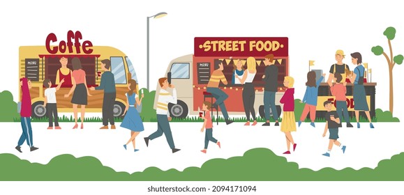 People Character in the Park Eating Street Food Buying Drink and Snack Vector Illustration