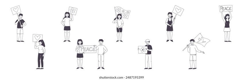 People Character Partaking in Demonstration for Love and Peace with Placard Vector Set