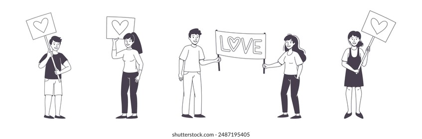 People Character Partaking in Demonstration for Love and Peace with Placard Vector Set