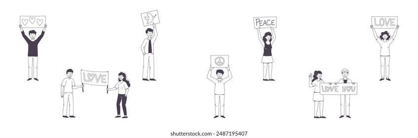 People Character Partaking in Demonstration for Love and Peace with Placard Vector Set