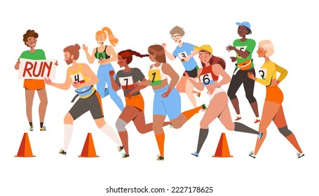 People Character Participating in Marathon Running in Sportswear with Numbers Vector Illustration