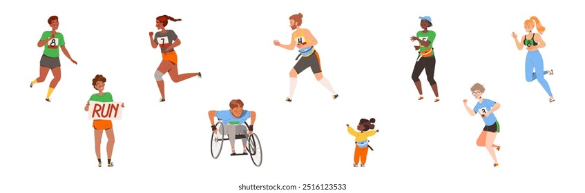 People Character Participating in Marathon Running in Sportswear with Numbers Vector Illustration Set