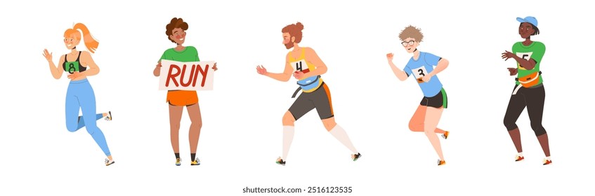 People Character Participating in Marathon Running in Sportswear with Numbers Vector Illustration Set