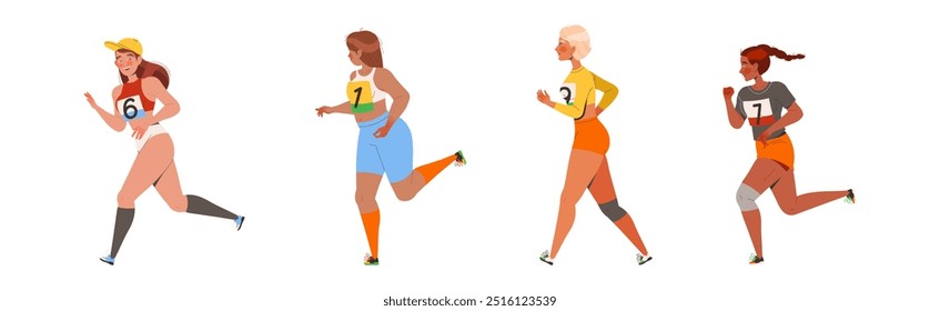 People Character Participating in Marathon Running in Sportswear with Numbers Vector Illustration Set