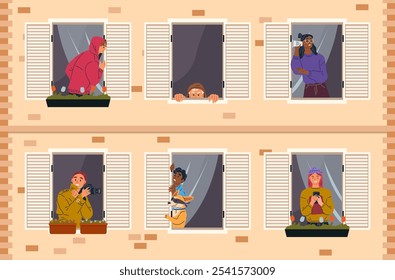 People character peeping, secret spying, observing or looking through camera. Curiosity person hiding in window or door, eavesdrop on neighbors. Funny curious peeking housemate searching for something