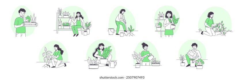 People Character Planting Growing and Cultivating House Greenery Outline Vector Set