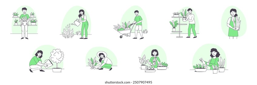 People Character Planting Growing and Cultivating House Greenery Outline Vector Set