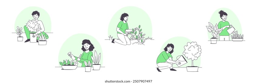 People Character Planting Growing and Cultivating House Greenery Outline Vector Set