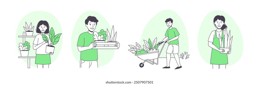 People Character Planting Growing and Cultivating House Greenery Outline Vector Set