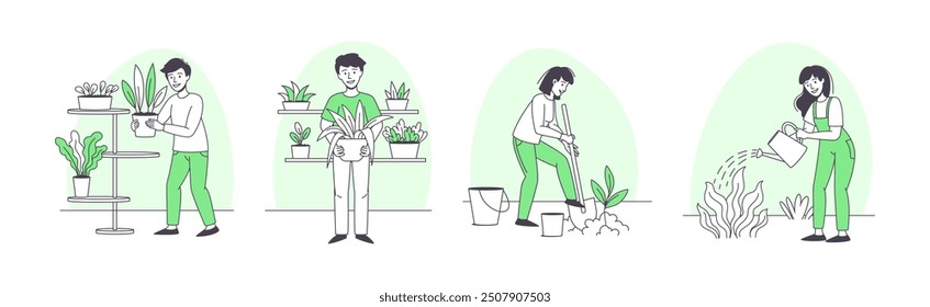 People Character Planting Growing and Cultivating House Greenery Outline Vector Set