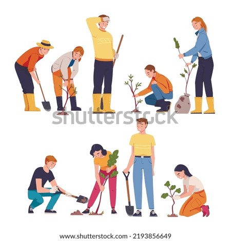 People Character Planting Tree Sapling in Soil Taking Care of Planet and Nature Vector Illustration Set