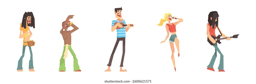 People Character Play Musical Instrument and Sing with Microphone Vector Set