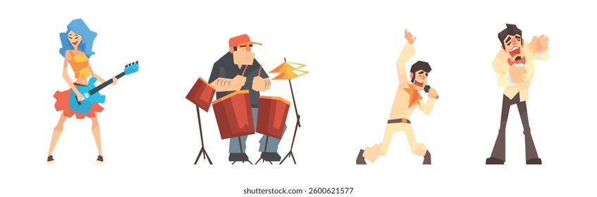 People Character Play Musical Instrument and Sing with Microphone Vector Set