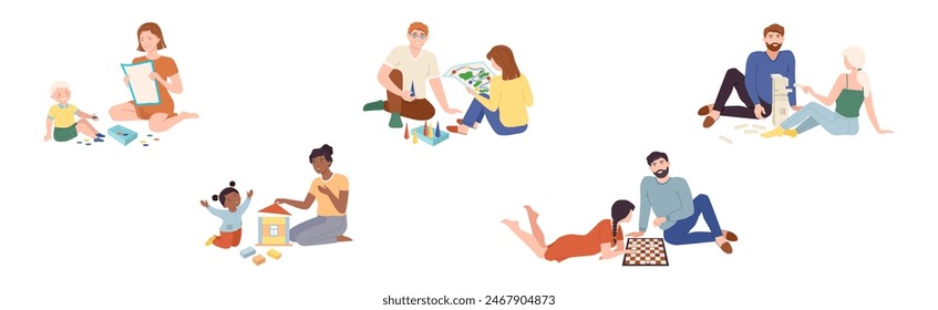 People Character Playing Board Games Spend Time Together Vector Set