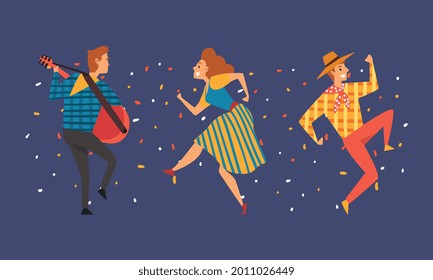 People Character Playing Musical Instrument and Dancing Enjoying Party and Festival Vector Set