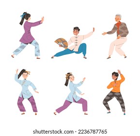 People Character Practicing Tai Chi and Qigong Exercise as Internal Chinese Martial Art Vector Illustration Set