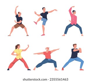 People Character Practicing Tai Chi and Qigong Exercise as Internal Chinese Martial Art Vector Illustration Set