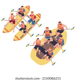 People Character Rafting in Inflatable Boat Rowing with Paddle Engaged in Water Sport Vector Set