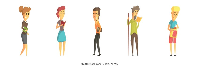 People Character Reading Book Being Fan of Literature Vector Set