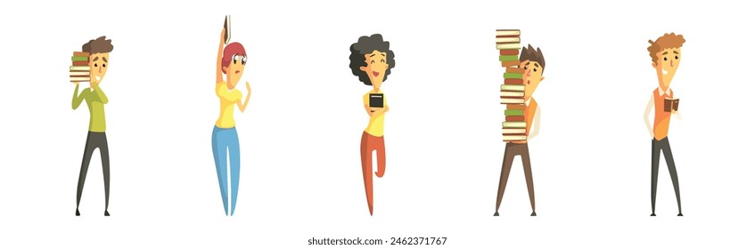 People Character Reading Book Being Fan of Literature Vector Set