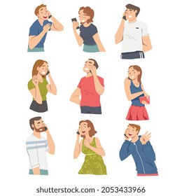 People Character Receiving Good News Speaking by Phone and Smiling Happily Vector Illustration Set