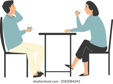 People Character in Restaurant Sitting at Table. Vector Illustration on White Background
