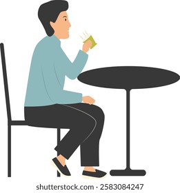 People Character in Restaurant Sitting at Table. Vector Illustration on White Background