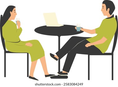 People Character in Restaurant Sitting at Table. Vector Illustration on White Background