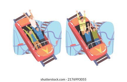 People Character Riding Roller Coaster Laughing Having Fun in Amusement Park Vector Set