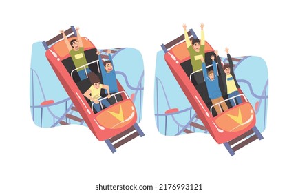 Gente Caracter montando montaña rusa riéndose divirtiéndose en el juego de vectores de parque de atracciones