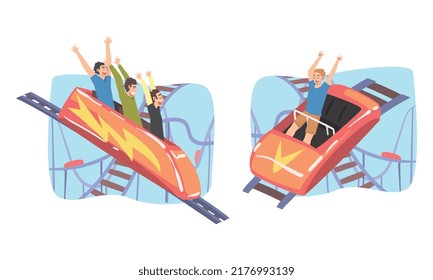 People Character Riding Roller Coaster Laughing Having Fun in Amusement Park Vector Set