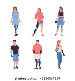 People Character with Robotic Body Parts or Prosthesis Functioning Vector Set