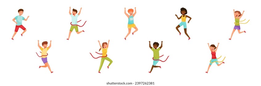 People Character Running Marathon Race Engaged in Sport Competition Vector Set