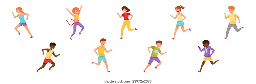 People Character Running Marathon Race Engaged in Sport Competition Vector Set