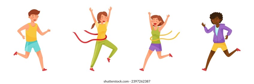 People Character Running Marathon Race Engaged in Sport Competition Vector Set