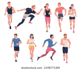 People Character Running in Sportswear and Trainers Engaged in Sport Training and Workout Vector Set