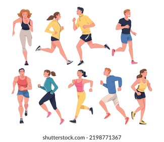 People Character Running in Sportswear and Trainers Engaged in Sport Training and Workout Vector Set