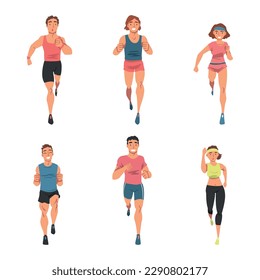 People Character Running in Sportswear and Trainers Engaged in Sport Training and Workout Vector Set