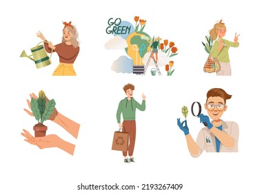 Gente Salvar la Tierra Cuidando la Naturaleza y el Medio Ambiente Plantando y usando un conjunto alternativo de vectores de energía