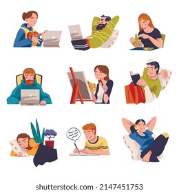 People Character in Self-isolation Playing Ukulele and Reading Book Vector Illustration Set