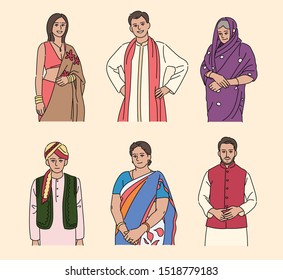 People character set dressed in various Indian style costumes. hand drawn style vector design illustrations.