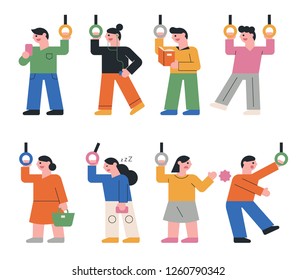 People character set holding a handle on a subway or bus. concept illustration. flat design vector graphic style.