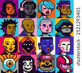 People character set, man, woman pixel art flat style, girl, guy, avatar, social net portrait, profile picture. Design of 80s. Game assets. 8-bit. Isolated vector illustration background.