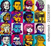 People character set, man, woman pixel art flat style, girl, guy, avatar, social net portrait, profile picture. Design of 80s. Game assets. 8-bit. Isolated vector illustration background.