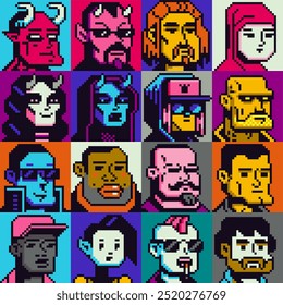 Conjunto de personagens de pessoas, homem, mulher pixel art estilo plano, menina, cara, avatar, retrato de rede social, imagem de perfil. Design dos anos 80. Ativos do jogo. 8 bits. Plano de fundo de ilustração de vetor isolado.